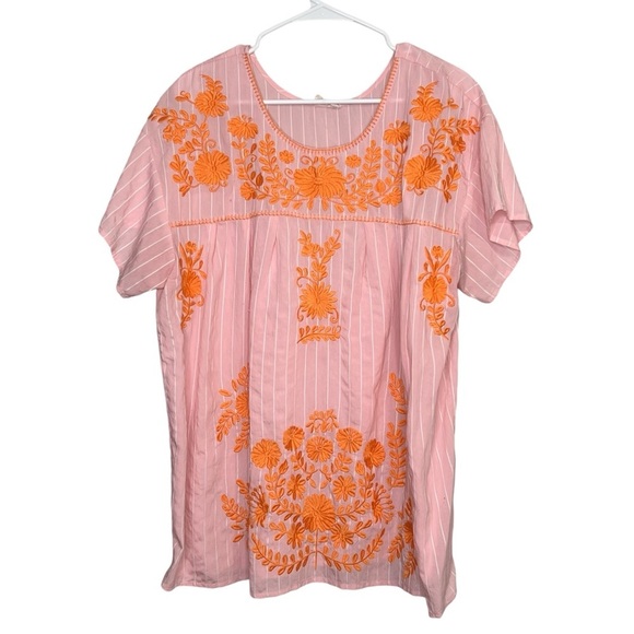Layerz Clothing Womens Size 2XL Pink Striped Orange Embroidered Shirt Top - Picture 1 of 11